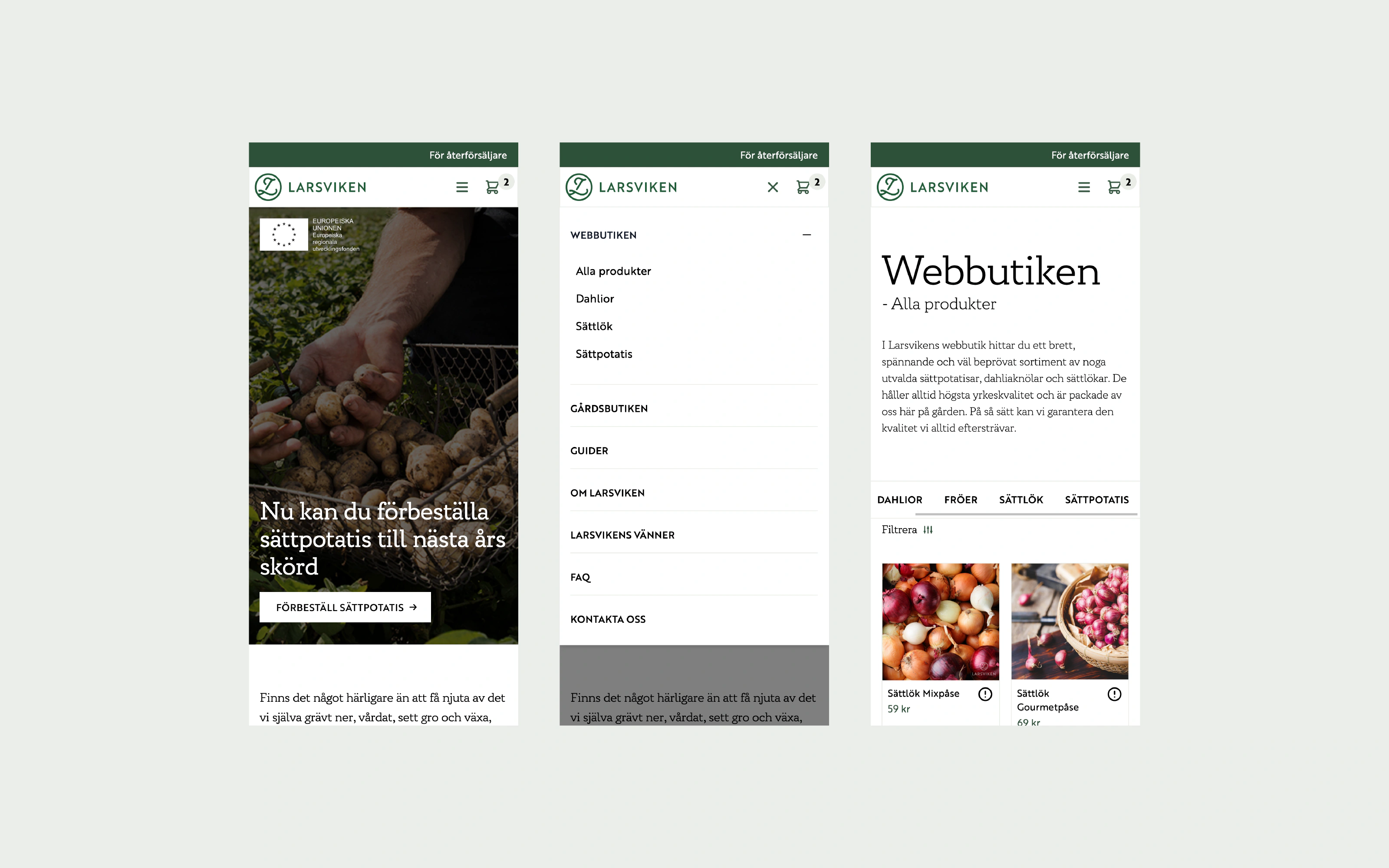 Tre mobilvyer från larsviken.se: startsida, meny och webbutik